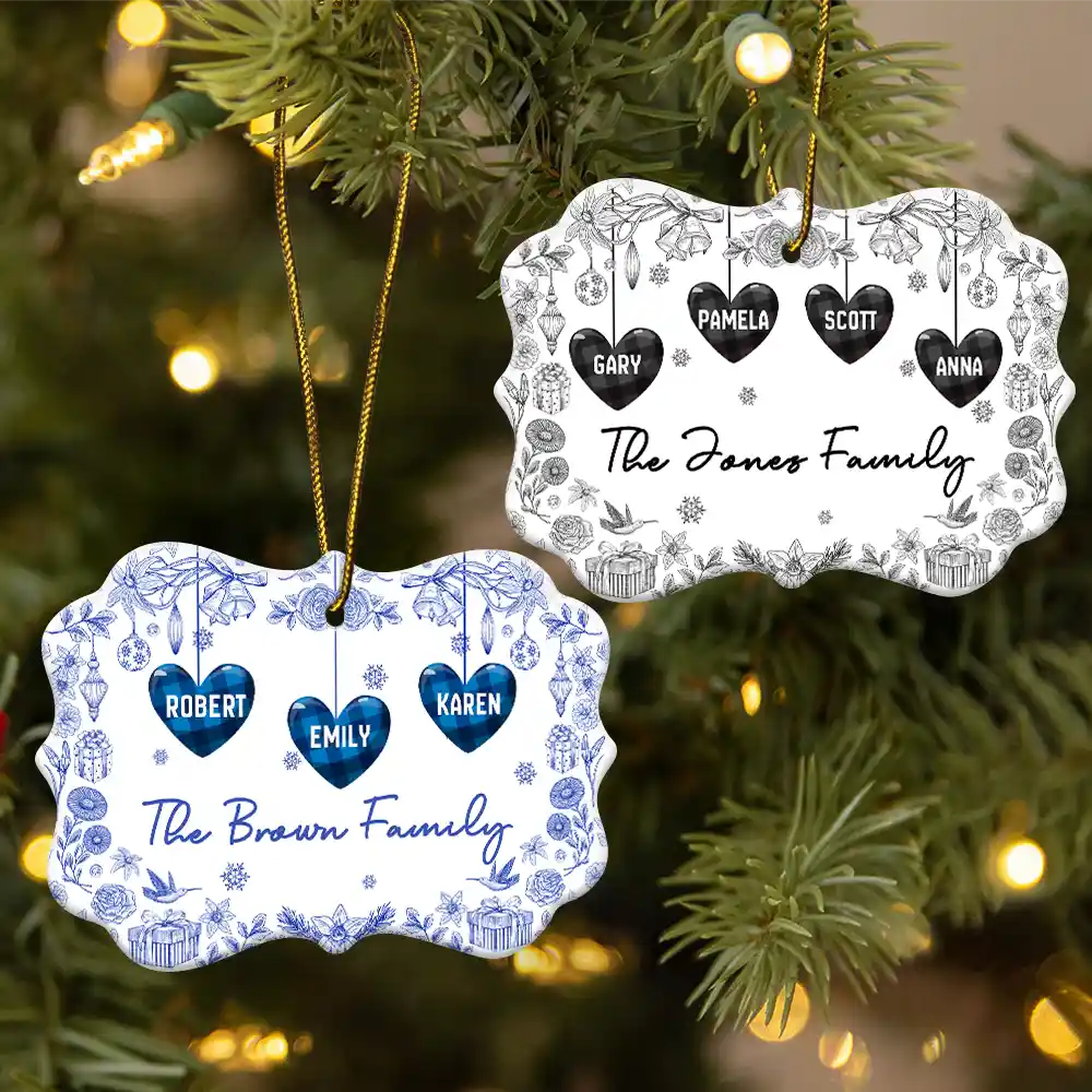 Love,Family,Christmas - Toile Family - Personalized Medallion Ceramic Ornament
