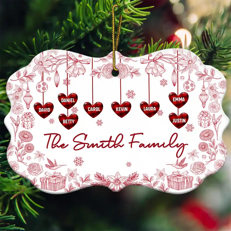 Love,Family,Christmas - Toile Family - Personalized Medallion Ceramic Ornament