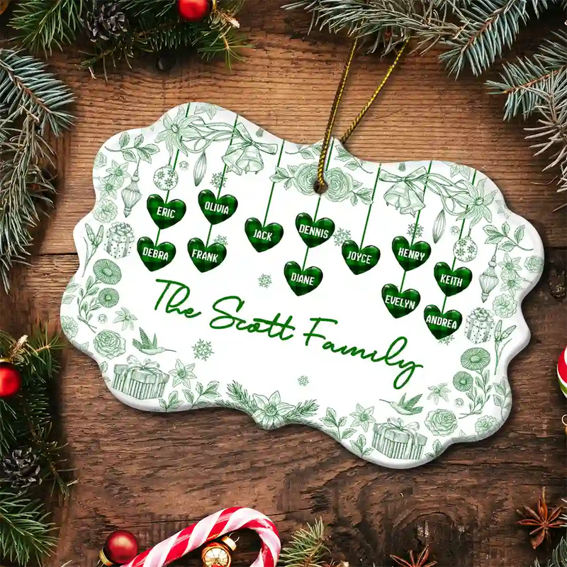 Love,Family,Christmas - Toile Family - Personalized Medallion Ceramic Ornament