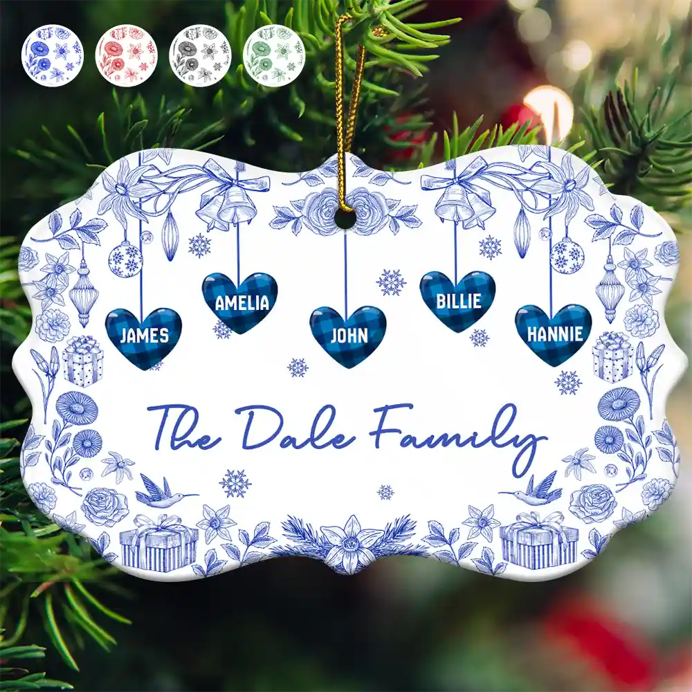 Love,Family,Christmas - Toile Family - Personalized Medallion Ceramic Ornament