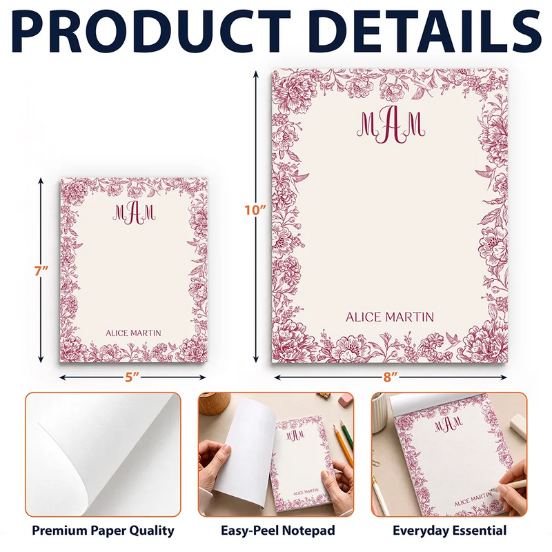 Cozy,Gift For Yourself,Gift For Women,Icon - Toile Monogrammed Letter & Name - Personalized Notepad