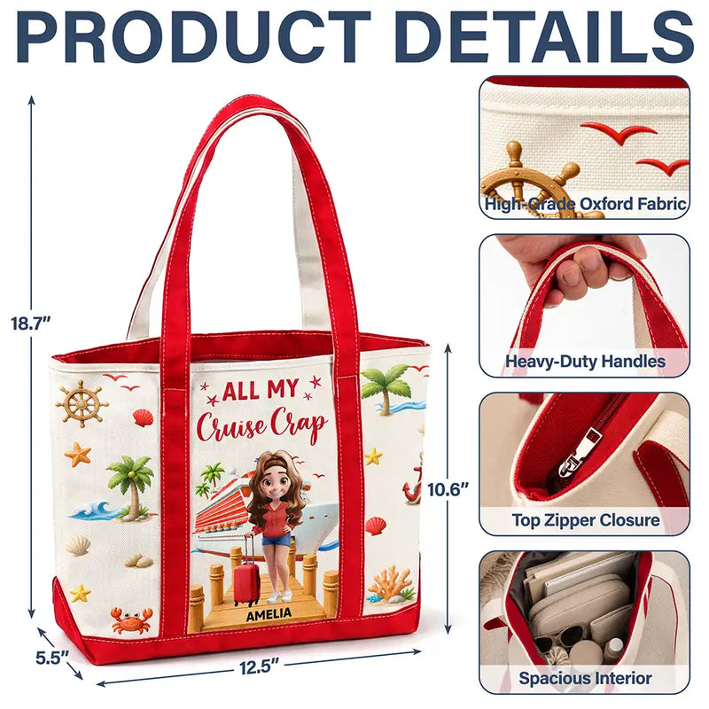 Cruising,Gift For Yourself,Gift For Women,Vector,Happy - Travel All My Cruise Crap - Personalized Fabric Tote Bag