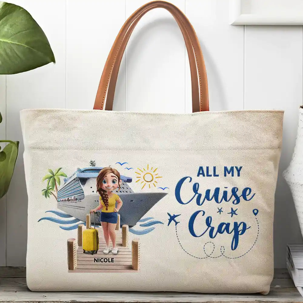 Summer,Beach,Cruising,Gift For Yourself,Gift For Women,Happy - Travel All My Cruise Crap - Personalized Leather Handle Tote Bag