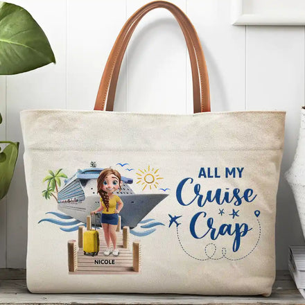 Travel All My Cruise Crap - Personalized Leather Handle Tote Bag