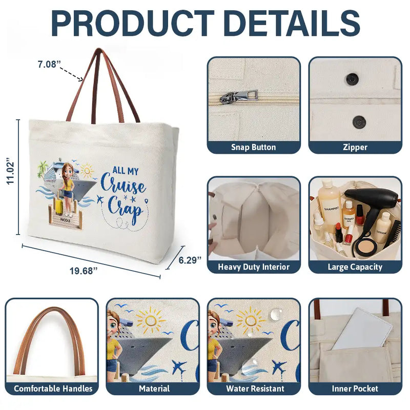 Summer,Beach,Cruising,Gift For Yourself,Gift For Women,Happy - Travel All My Cruise Crap - Personalized Leather Handle Tote Bag