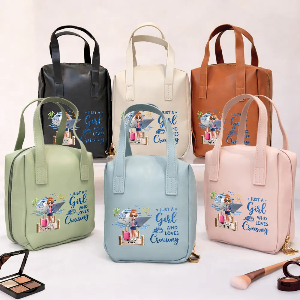 Cruising, Travel, Gift For Yourself, Gift For Women - Travel All My Cruise Crap - Personalized Leather Makeup Bag With Handle