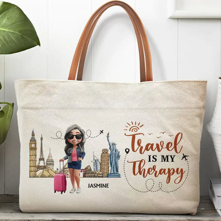 Travel Is My Therapy - Personalized Leather Handle Tote Bag