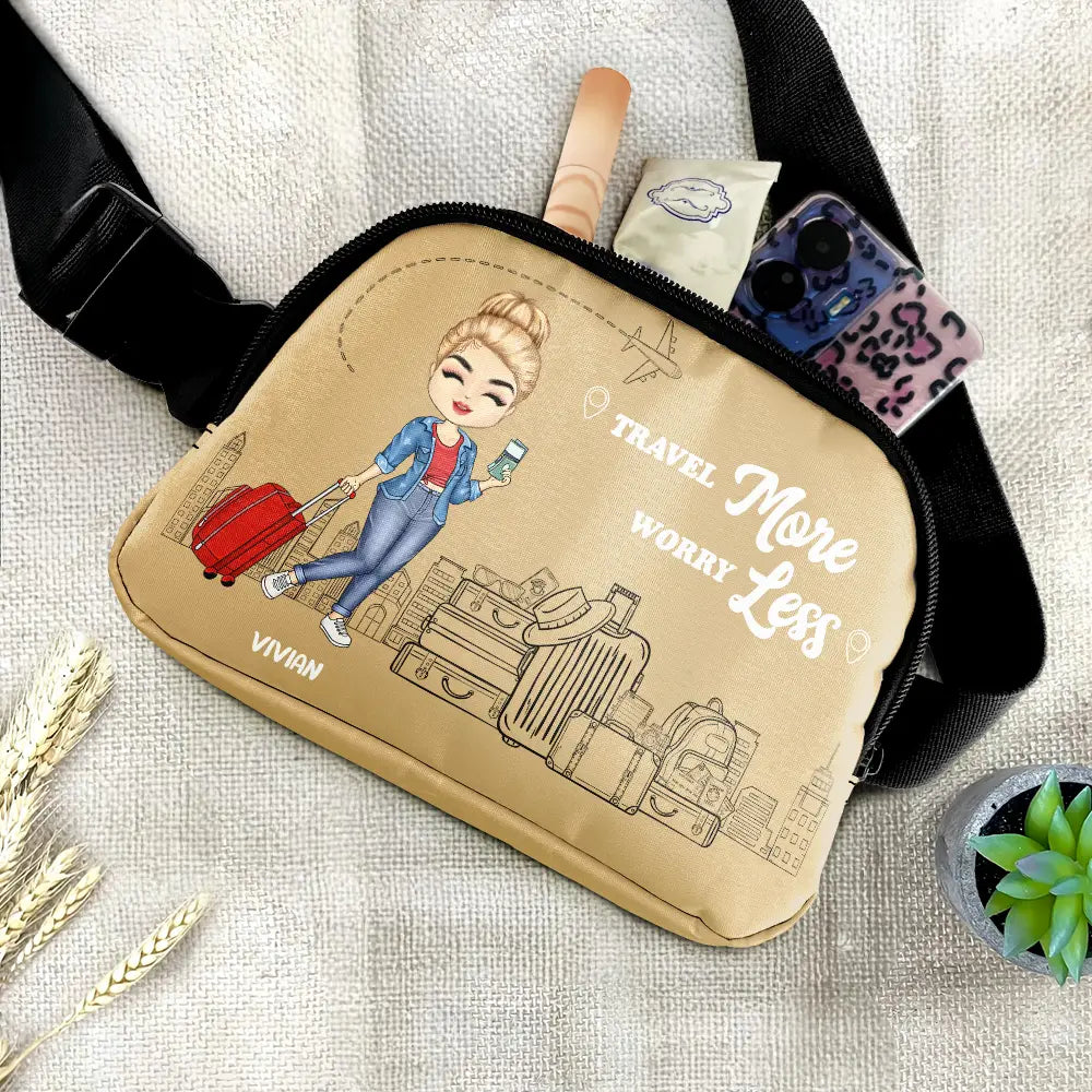 Gift For Women,Gift For Men,Gift For Yourself,Happy,Travel - Travel More Worry Less - Personalized Crossbody Belt Bag