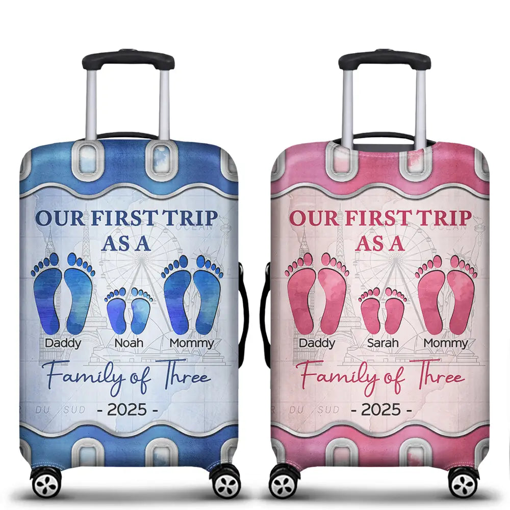 Family,Gift For Couples,Happy - Travel Our First Trip As A Family Of Four Footprints - Personalized Luggage Cover