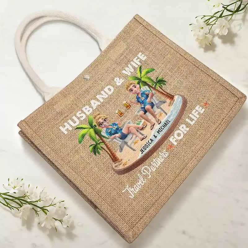 Gift For Couples,Gift For Husband,Gift For Wife,Gift For Boyfriend,Gift For Girlfriend,Happy - Travel Partners For Life - Personalized Jute Beach Bag