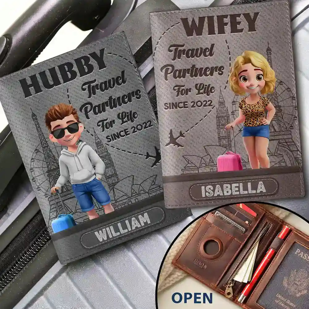 Gift For Couples,Old Couples,Gift For Husband,Gift For Wife,Gift For Boyfriend,Gift For Girlfriend,Travel,Happy - Traveling Couple Hubby & Wifey Travel Partners For Life - Personalized Combo 2 Leather Passport Holders