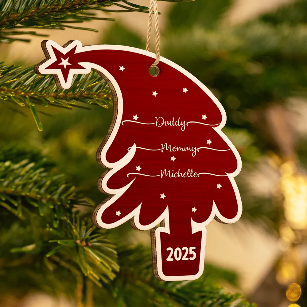 Love,Family,Christmas - Tree With Family Names - Personalized Custom Shaped Wooden Ornament