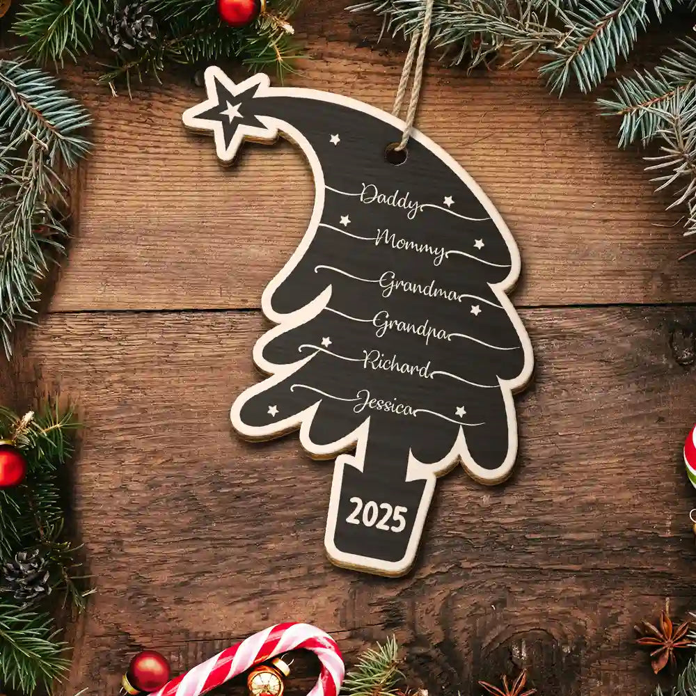 Love,Family,Christmas - Tree With Family Names - Personalized Custom Shaped Wooden Ornament