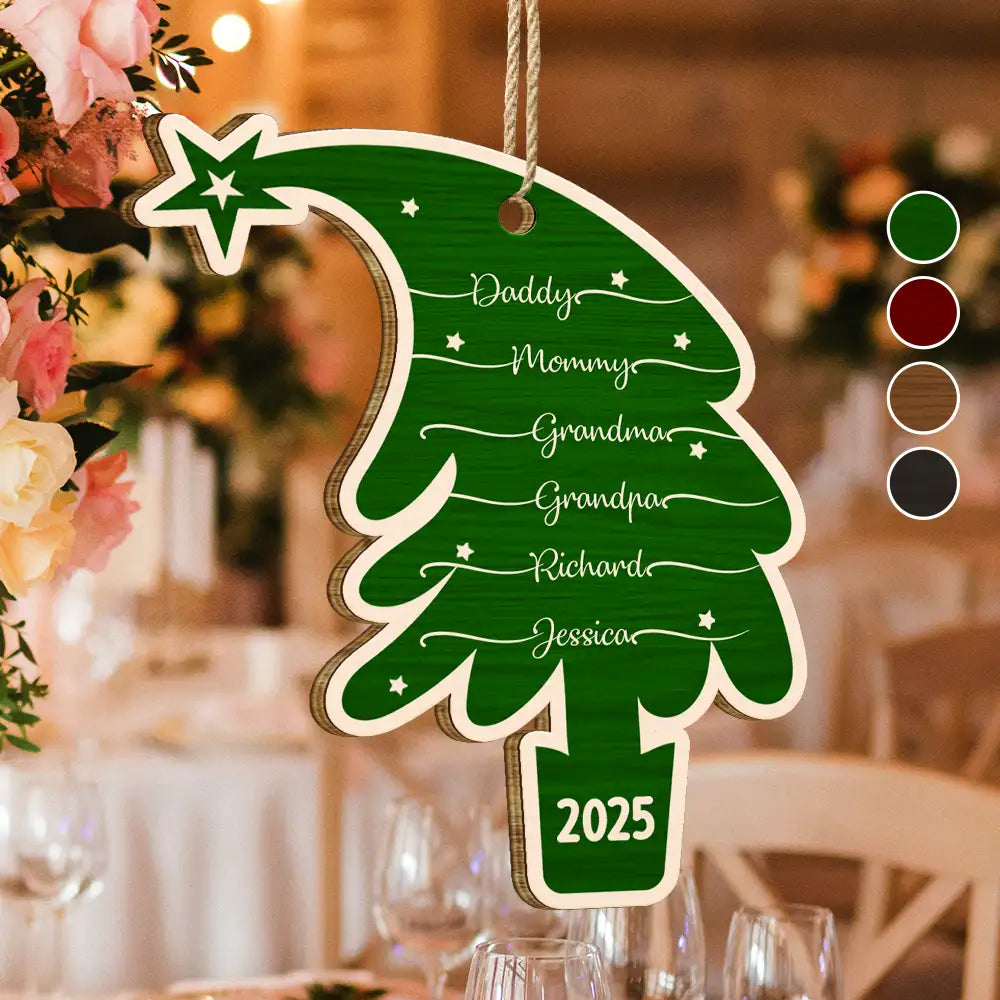 Love,Family,Christmas - Tree With Family Names - Personalized Custom Shaped Wooden Ornament