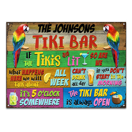 Panneaux métalliques classiques personnalisés horizontaux « Tropical Parrot Tiki Bar » toujours ouverts