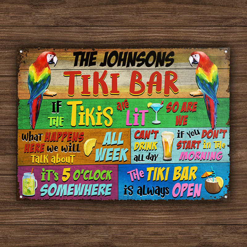 Panneaux métalliques classiques personnalisés horizontaux « Tropical Parrot Tiki Bar » toujours ouverts