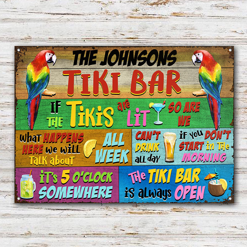 Panneaux métalliques classiques personnalisés horizontaux « Tropical Parrot Tiki Bar » toujours ouverts