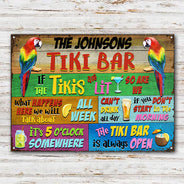 Panneaux métalliques classiques personnalisés horizontaux « Tropical Parrot Tiki Bar » toujours ouverts
