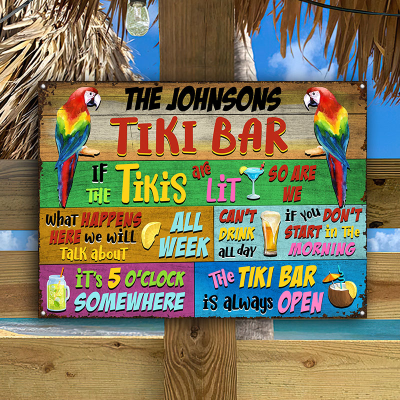 Panneaux métalliques classiques personnalisés horizontaux « Tropical Parrot Tiki Bar » toujours ouverts