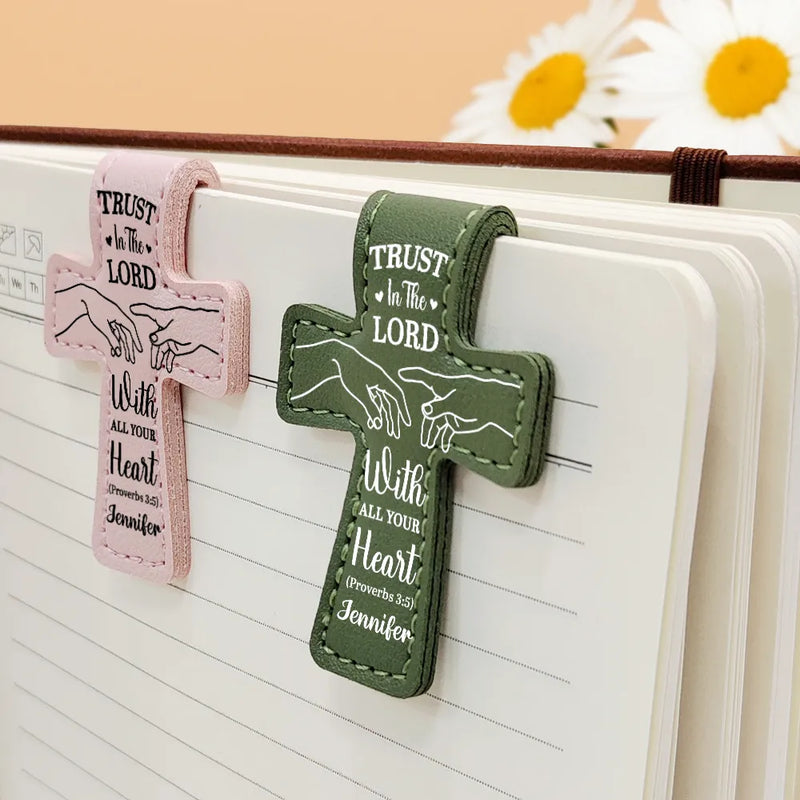 Christian, Reading, Gift For Yourself - Trust In The Lord With All Your Heart - Personalized Cross Leather Magnetic Bookmark