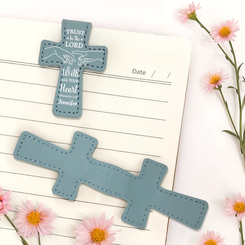 Christian, Reading, Gift For Yourself - Trust In The Lord With All Your Heart - Personalized Cross Leather Magnetic Bookmark