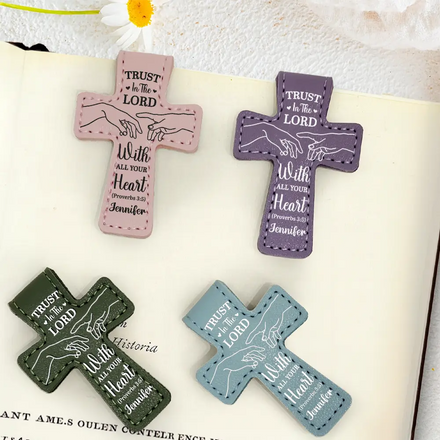Trust In The Lord With All Your Heart - Personalized Cross Leather Magnetic Bookmark