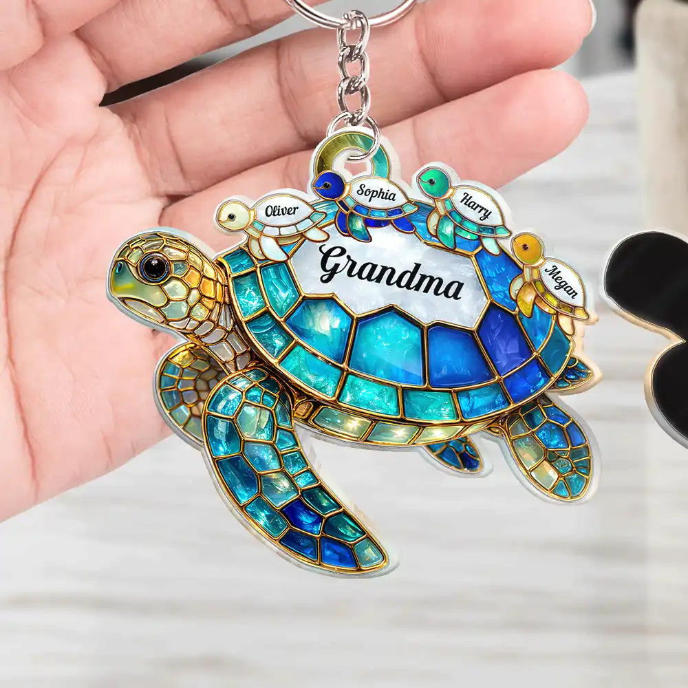 Gift For Grandma,Grandma - Grandkids,Gift For Mother,Beach,Happy - Turtle Stained Glass Mom Grandma - Personalized Acrylic Keychain