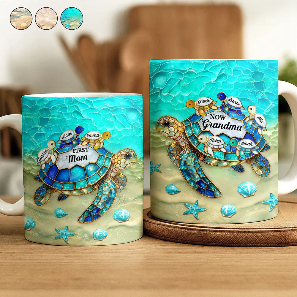 Gift For Grandma,Summer,Grateful,Icon - Turtle First Mom Now Grandma Stained Glass Effect - Personalized White Edge-to-Edge Mug
