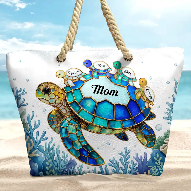 Gift For Grandma,Grandma - Grandkids,Grandma's Hobby,Beach,Happy - Turtle Mom Grandma - Personalized Beach Bag
