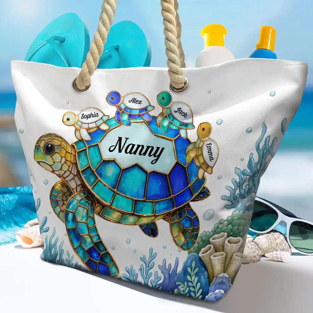 Gift For Grandma,Grandma - Grandkids,Grandma's Hobby,Beach,Happy - Turtle Mom Grandma - Personalized Beach Bag