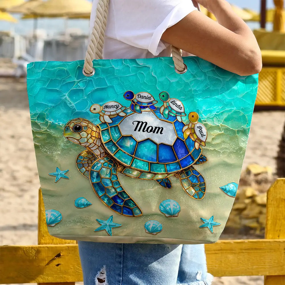 Gift For Grandma, Summer, Adorable, Icon - Turtle Mom Grandma Ocean Theme - Personalized Beach Bag