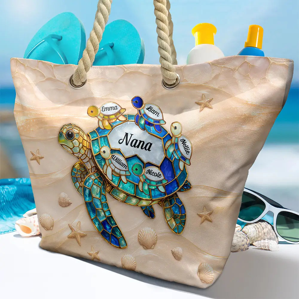 Gift For Grandma, Summer, Adorable, Icon - Turtle Mom Grandma Ocean Theme - Personalized Beach Bag