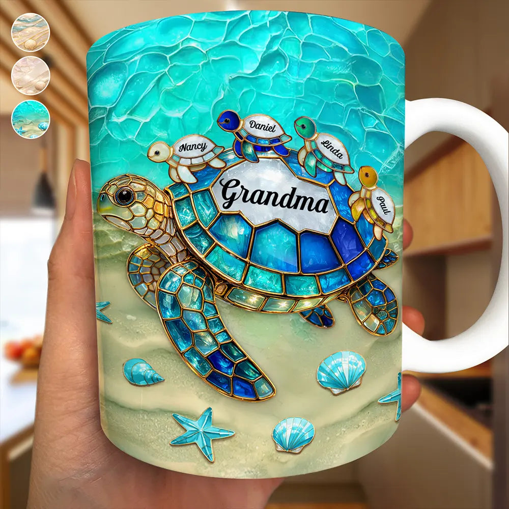 Turtle Mom Grandma Stained Glass Effect - Personalized White Edge-to-Edge Mug