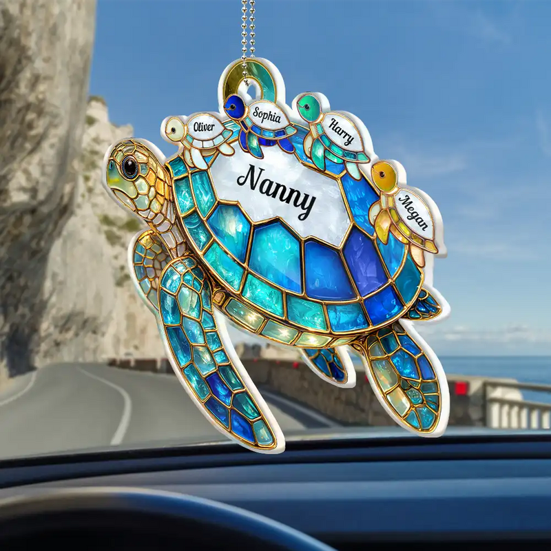 Gift For Grandma,Grandma - Grandkids,Gift For Mother,Beach,Happy,Non-Eng,Icon - Turtle Stained Glass Mum Nanny - Personalised Acrylic Car Hanger