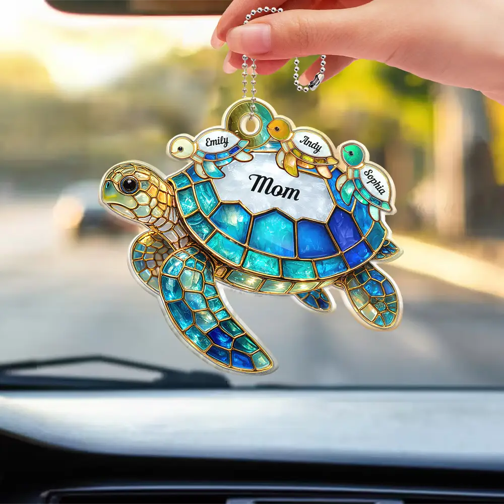 Gift For Grandma, Grandma - Grandkids, Beach, Happy - Turtle Stained Glass Mom Grandma - Personalized Acrylic Car Hanger