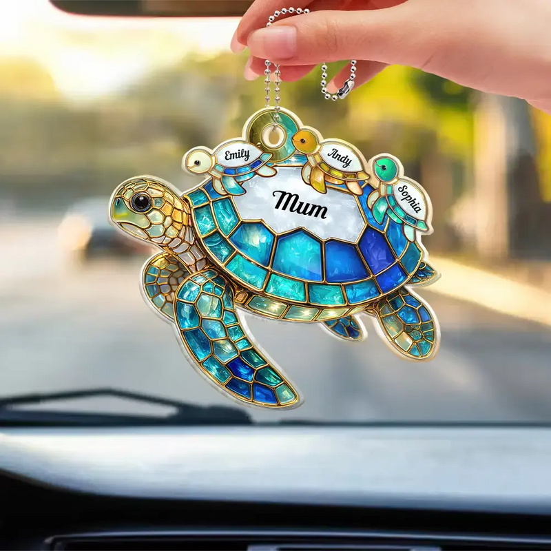 Gift For Grandma,Grandma - Grandkids,Gift For Mother,Beach,Happy,Non-Eng,Icon - Turtle Stained Glass Mum Nanny - Personalised Acrylic Car Hanger