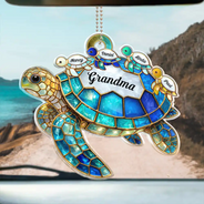 Gift For Grandma, Grandma - Grandkids, Beach, Happy - Turtle Stained Glass Mom Grandma - Personalized Acrylic Car Hanger