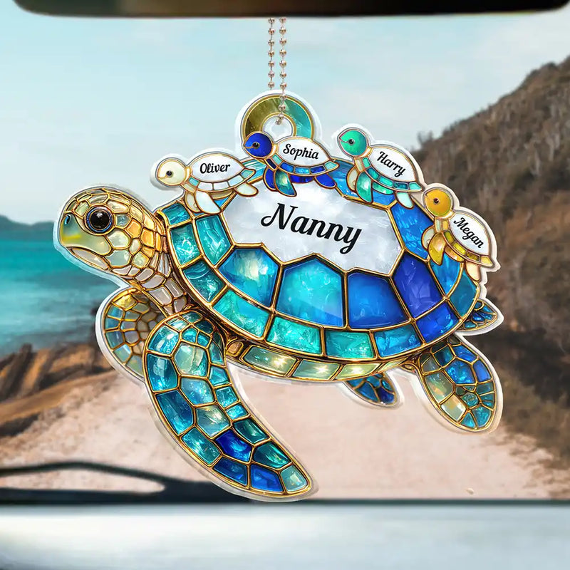 Gift For Grandma,Grandma - Grandkids,Gift For Mother,Beach,Happy,Non-Eng,Icon - Turtle Stained Glass Mum Nanny - Personalised Acrylic Car Hanger