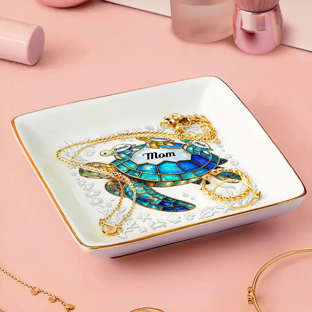 Gift For Grandma, Grandma - Grandkids, Beach, Happy - Turtle Stained Glass Mom Grandma - Personalized Ring Dish