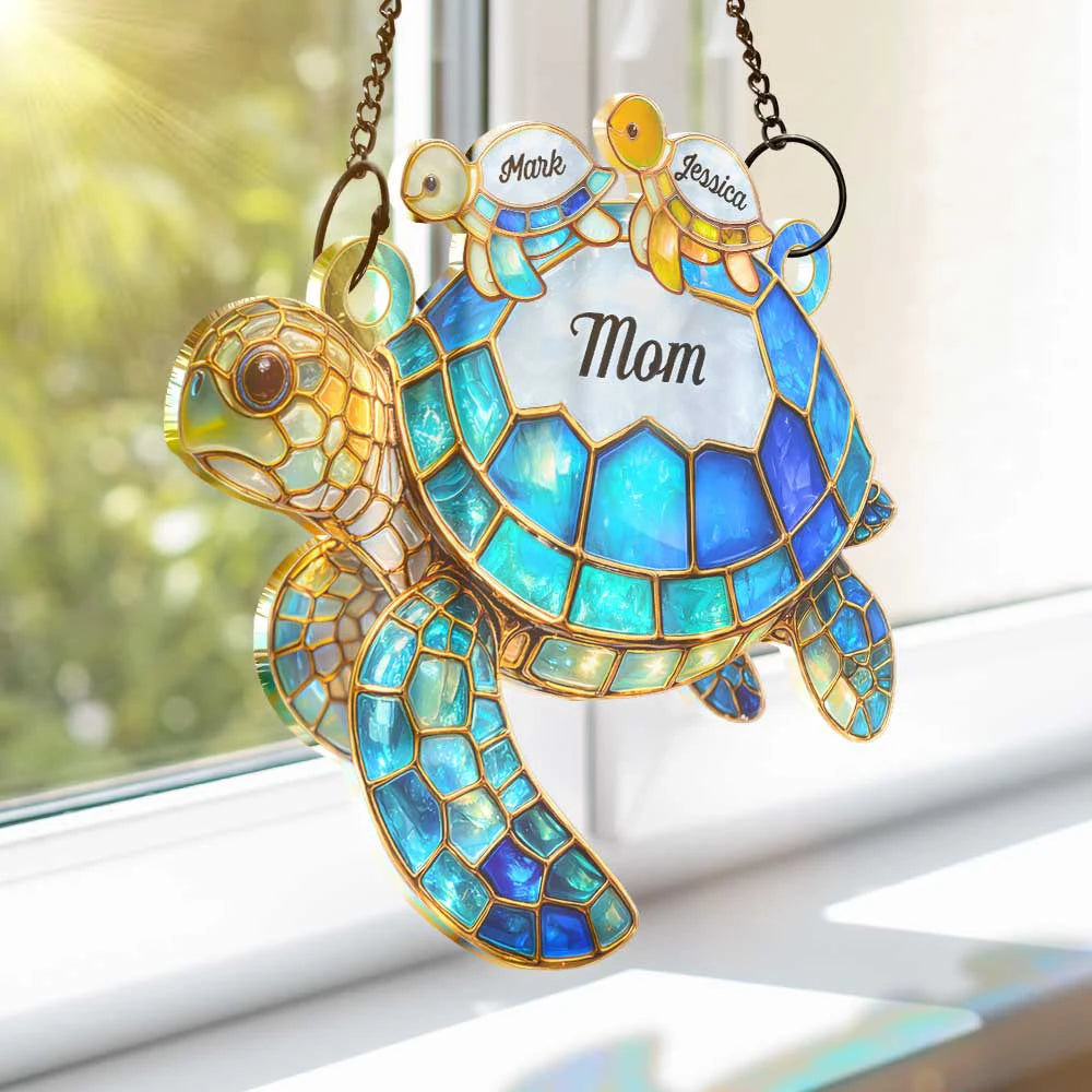 Grandma - Grandkids,Gift For Grandma,Gift For Mother,Happy,Top Market - Turtle Stained Glass Mom Grandma - Personalized Window Hanging Suncatcher Ornament