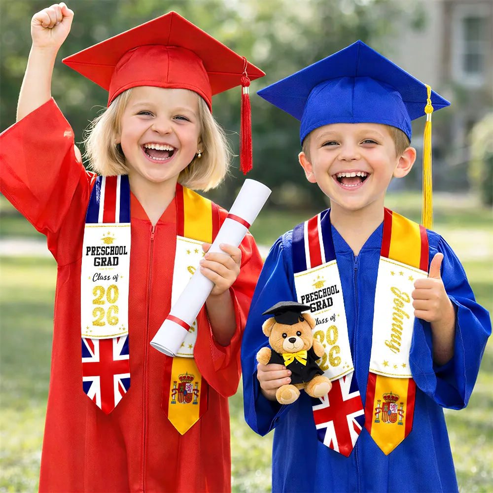Graduation,Happy,Gift For Kids,Gift For Grandkids,Icon,Proud - Two Country Flags - Personalized Kid Graduation Stole