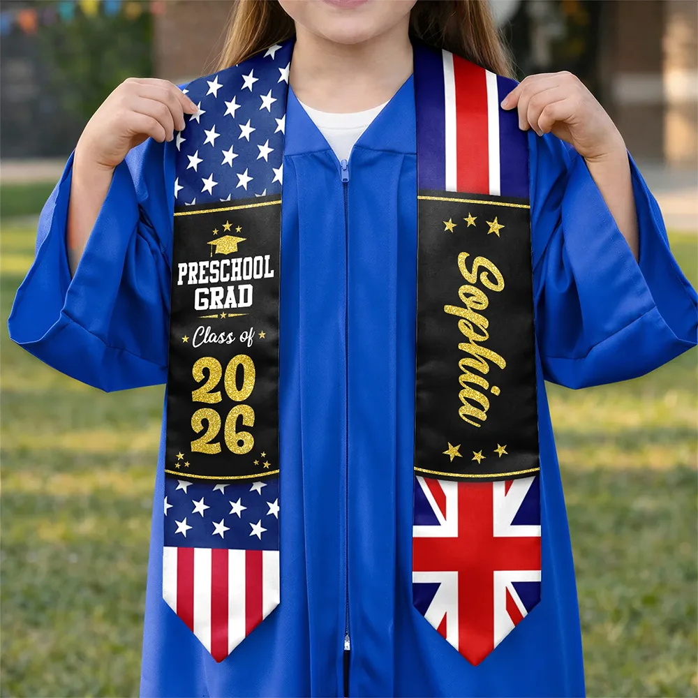 Graduation,Happy,Gift For Kids,Gift For Grandkids,Icon,Proud - Two Country Flags - Personalized Kid Graduation Stole