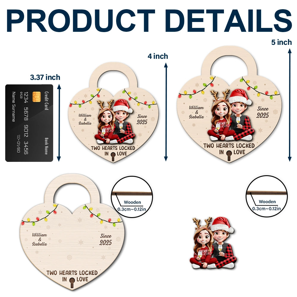 Gift For Couples,Gift For Husband,Gift For Wife,Gift For Boyfriend,Gift For Girlfriend,Christmas,Happy - Two Hearts Locked In Love Couple - Personalized 2-Layered Wooden Ornament