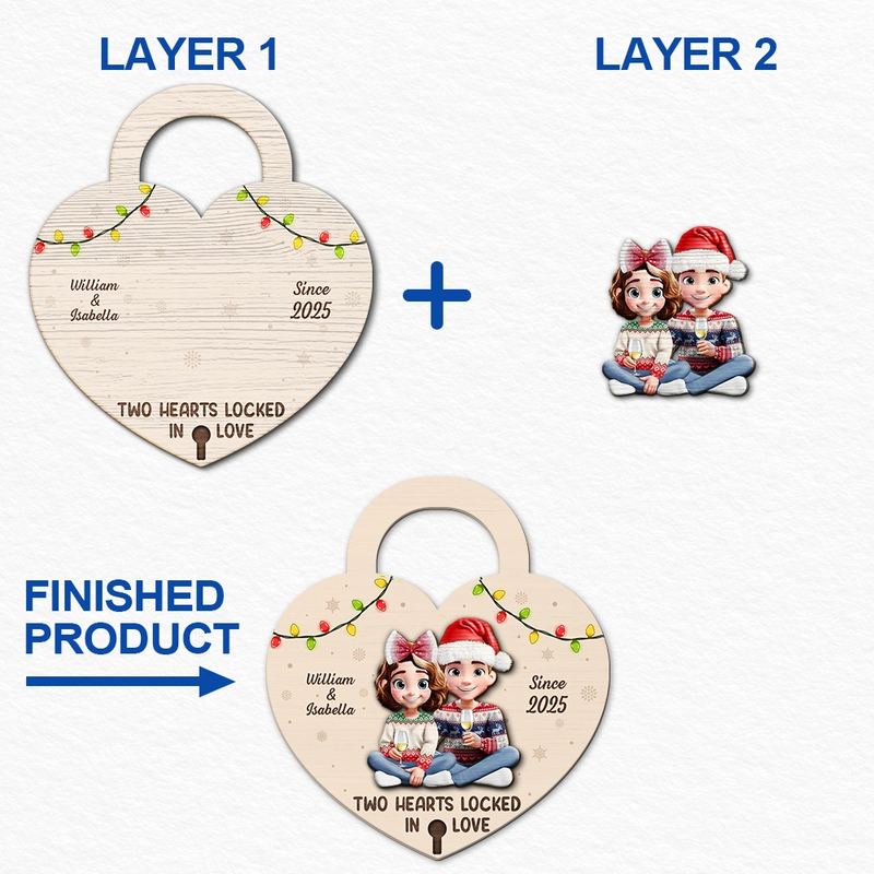Gift For Couples,Gift For Husband,Gift For Wife,Gift For Boyfriend,Gift For Girlfriend,Christmas,Happy - Two Hearts Locked In Love Couple - Personalized 2-Layered Wooden Ornament