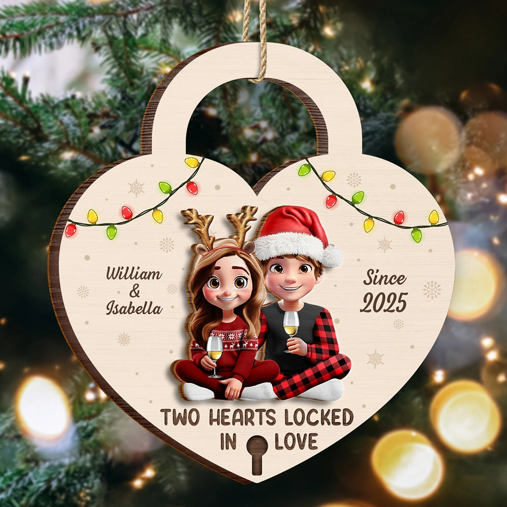 Gift For Couples,Gift For Husband,Gift For Wife,Gift For Boyfriend,Gift For Girlfriend,Christmas,Happy - Two Hearts Locked In Love Couple - Personalized 2-Layered Wooden Ornament