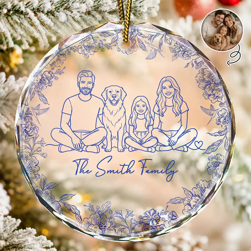 Custom Photo Line Art Family Portrait - Personalized Circle Glass Ornament