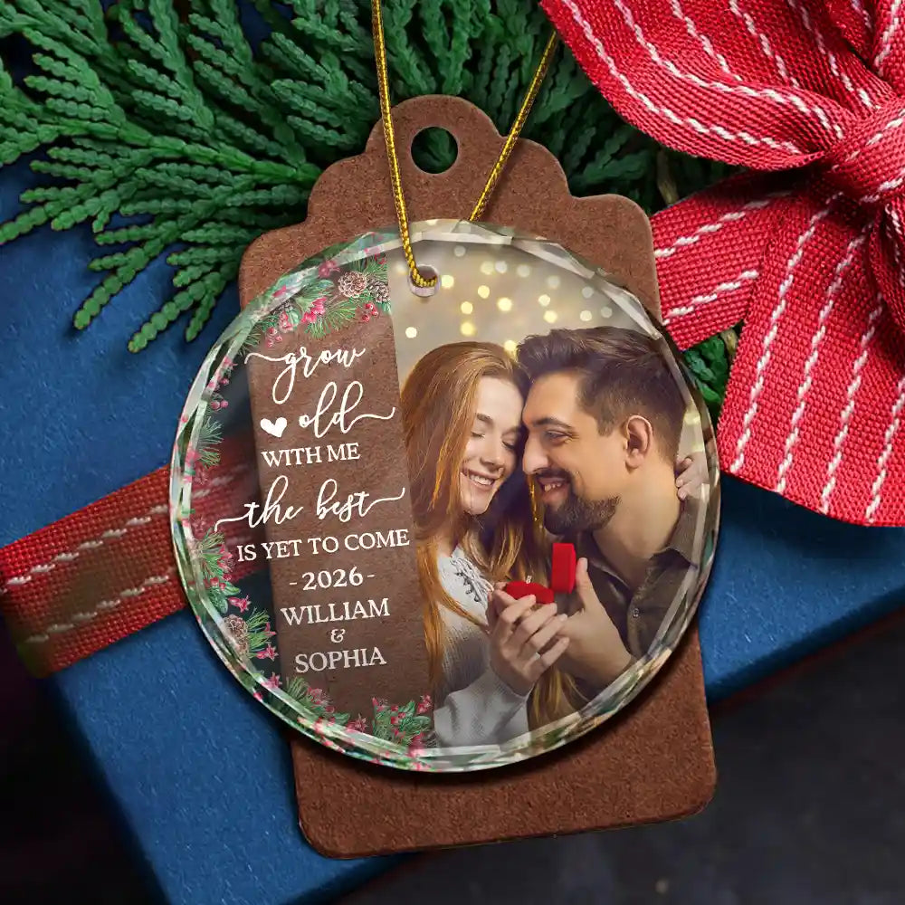 Custom Photo Newly Engaged Couple The Best Is Yet To Come - Personalized Circle Glass Ornament