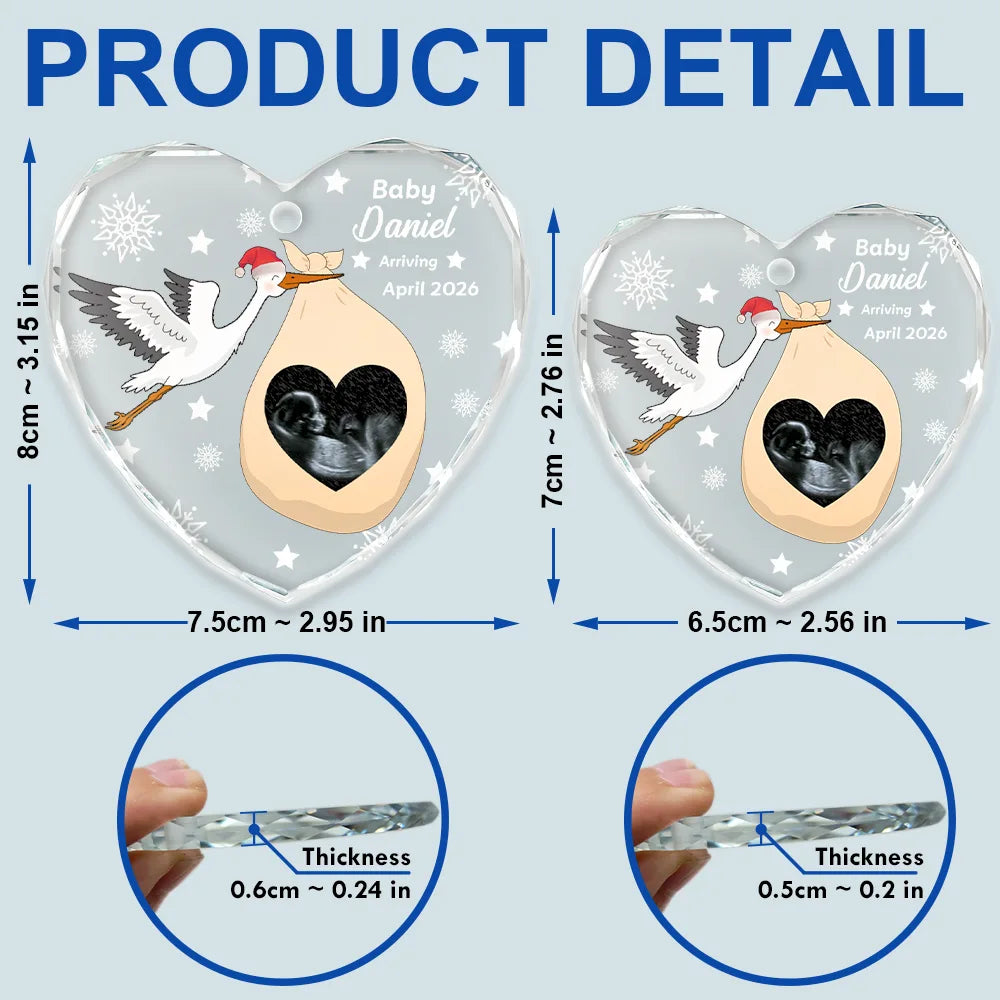 Christmas,New Mom,Pregnant Mom,Family,Happy - Custom Photo Sweet Baby Arriving Stork Pregnancy Announcement - Personalized Heart Shaped Glass Ornament