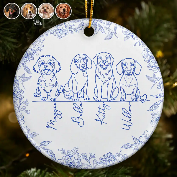 Art Design,Sentimental,Christmas,Family,Photo - Continuous Line Art  - Custom Photo Line Art Dog Pet Lovers Portrait Toile De Jouy - Personalized Circle Ceramic Ornament