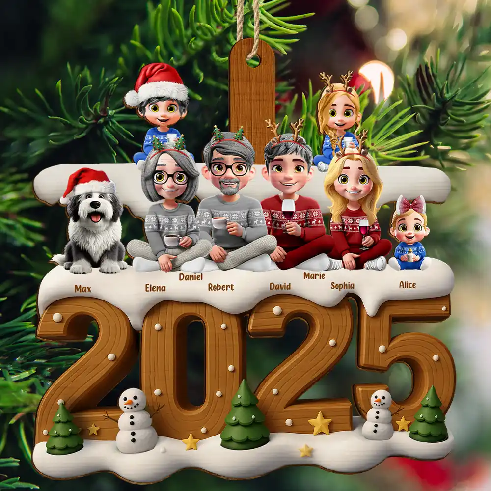 3D Effect Christmas Family And Dog Cat - Personalized Custom Shaped Wooden Ornament